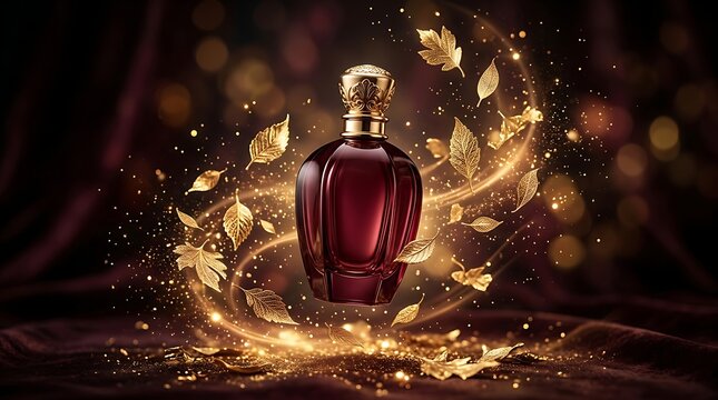 Luxury red perfume bottle with golden leaves and sparkling light effects