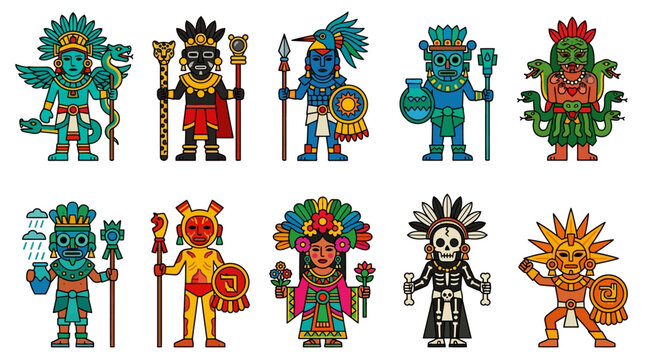 Aztec mythology game character pack of 9: Quetzalcoatl, Tezcatlipoca, Huitzilopochtli, Tlaloc, Xipe Totec, Coatlicue, Mictlantecuhtli, Xochiquetzal, Tonatiuh