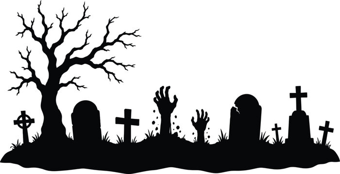Spooky zombie hands rising from a graveyard at night