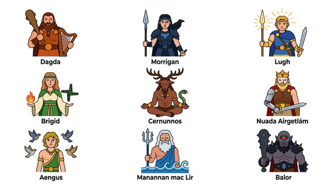 Celtic mythology character set of 9: Dagda, Morrigan, Lugh, Brigid, Cernunnos, Nuada, Aengus, Manannan mac Lir, Balor