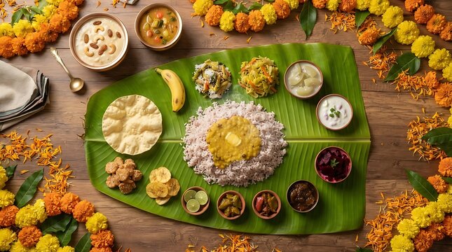 Traditional south indian sadya feast served on a banana leaf