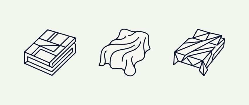 Linear icon set depicting bed making and laundry tasks for bedroom care and home organization