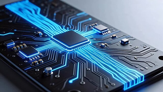 Circuit board with glowing blue lines
