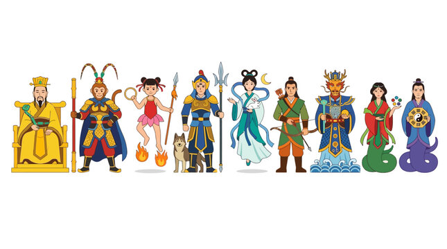 Chinese mythology game character lineup of 9: Jade Emperor, Sun Wukong, Nezha, Erlang Shen, Chang'e, Hou Yi, Dragon King, Nuwa, Fuxi, clean