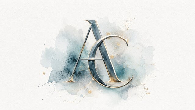 Elegant metallic gold AC monogram initials over blue watercolor splash, luxurious typographic logo design