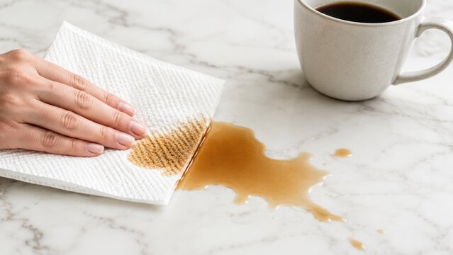 Hand wiping spilled coffee with paper towel next to ceramic mug on marble countertop