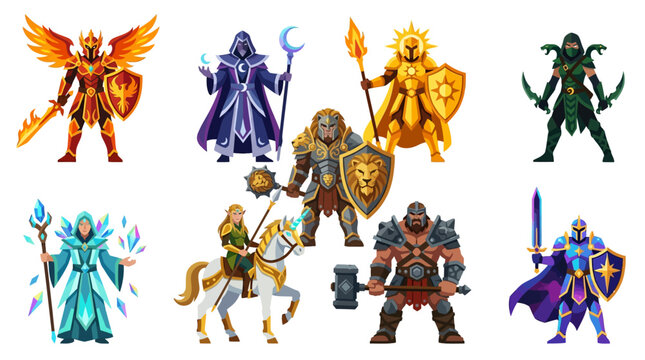 Epic fantasy hero collection with 9 legendary characters: phoenix knight, moon sorcerer, sun guardian, crystal mage, lion warrior, serpent assassin, unicorn rider, titan champion, cosmic paladin