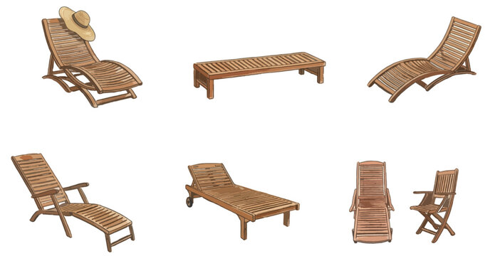 Wooden sun lounger and beach chair vector icon set. Watercolor illustration of outdoor garden and resort furniture elements including deckchairs and sunbeds.