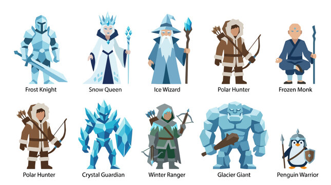Fantasy ice kingdom character collection of 9: frost knight, snow queen, ice wizard, polar hunter, crystal guardian, frozen monk, winter ranger, glacier giant, penguin warrior