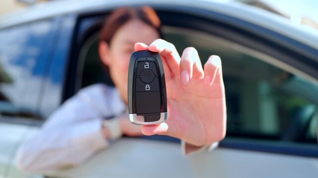 Close-up of an Asian woman holding a smart remote key fob inside her new electric car. Concept of EV buying automobile ownership and test drive.
