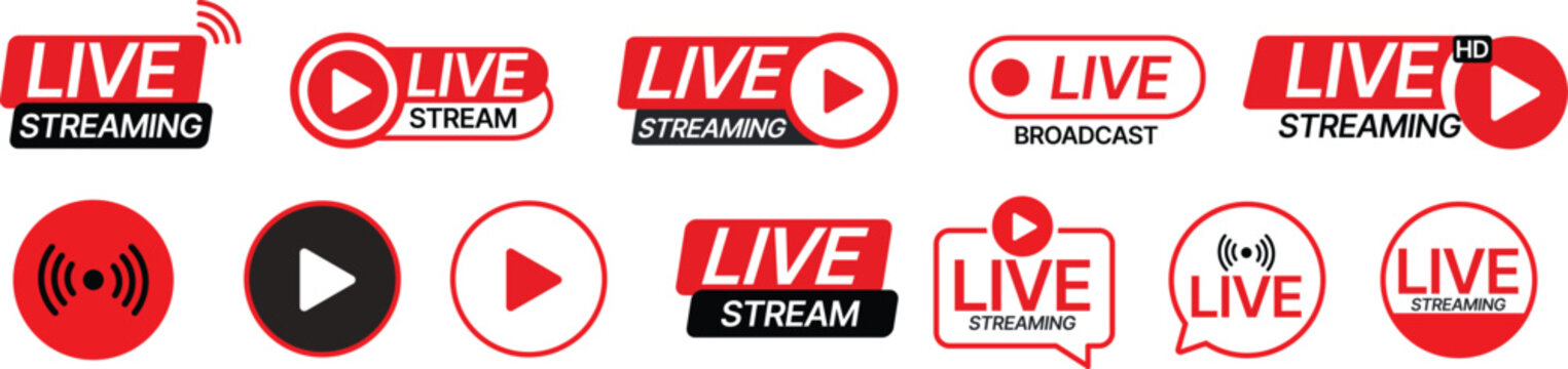 Live Stream Social Media Icon Collection, Live Broadcast and Streaming Button Vector Set