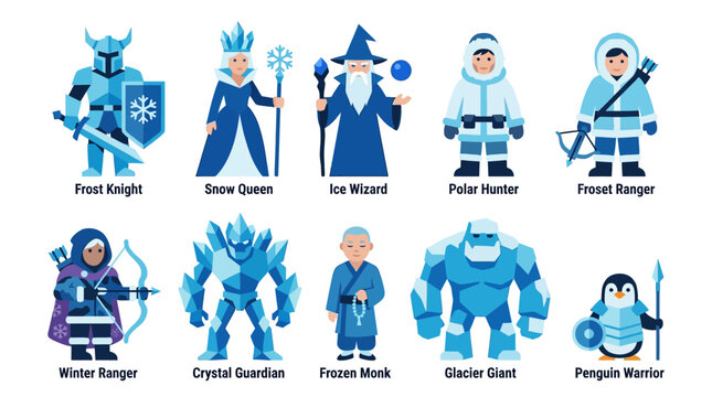 Fantasy ice kingdom character collection of 9: frost knight, snow queen, ice wizard, polar hunter, crystal guardian, frozen monk, winter ranger, glacier giant, penguin warrior