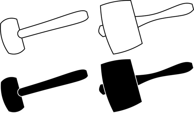 Set of wooden mallet and rubber mallet icons. vector illustration in outline and silhouette.Hand tools with ergonomic handles for carpentry, construction, crafting, repair, and workshop designs