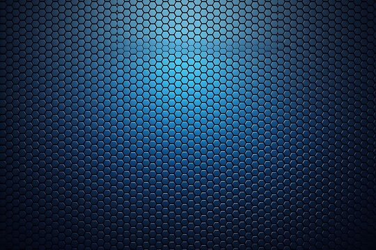 Futuristic dark blue metallic hexagon grid background with glowing center light burst