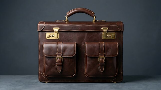 Vintage leather suitcase with brass clasps on dark background.