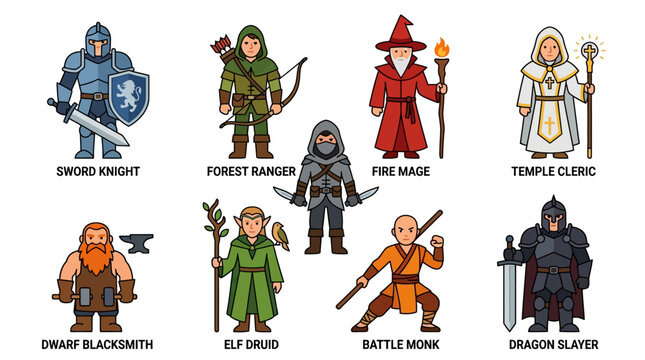 Fantasy RPG character set of 9 unique heroes: sword knight, forest ranger, fire mage, temple cleric, dual dagger rogue, dwarf blacksmith, elf druid, battle monk, dragon slayer