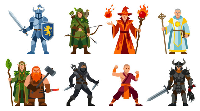 Fantasy RPG character set of 9 unique heroes: sword knight, forest ranger, fire mage, temple cleric, dual dagger rogue, dwarf blacksmith, elf druid, battle monk, dragon slayer