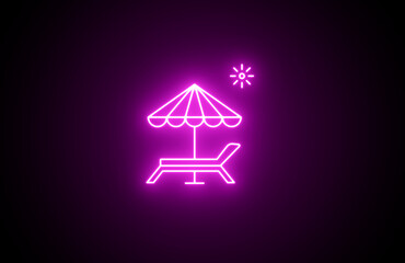 Obraz premium Neon glowing beach chair on black background. Beach chair, umbrella, summer icons. Tropical island vacation icon, beach chair with umbrella, serene summer holiday escape graphic, travel and relaxatio