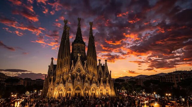 Sagrada familia in barcelona transitioning from sunset to night with star trails