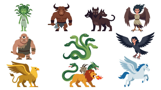 Greek mythology monster and guardian set of 9: Medusa, Minotaur, Cerberus, Cyclops, Hydra, Harpy, Griffin, Chimera, Pegasus