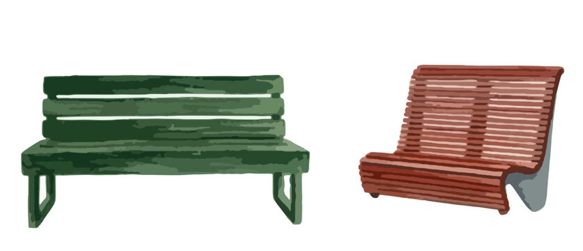 Garden and park bench vector icon set. Watercolor illustration of outdoor furniture elements including wooden benches and a green lounge chair.