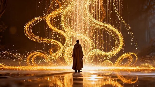 Person in cloak facing golden light patterns