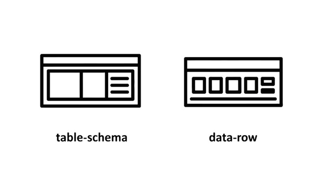 Table schema and data row icons for database architecture with database structure information computing technology software development