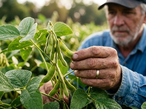 Farmer holding fresh green onions in garden.