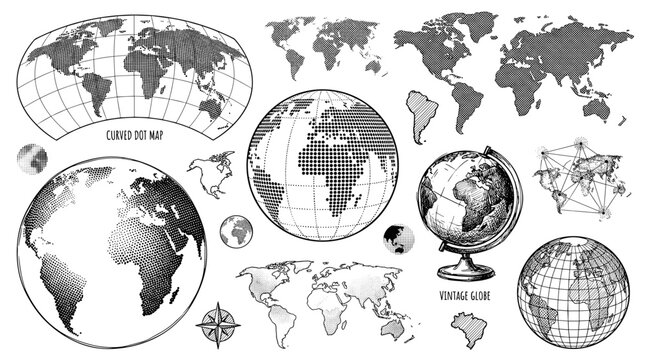 Curved world map and globe with dot pattern, halftone texture, ink sketch, isolated on white background