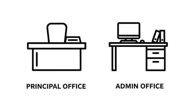 Office workstation line icons depicting a principal executive desk and a standard administrative office setup for corporate management environments