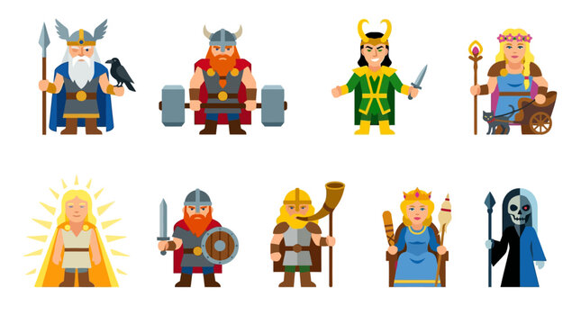 Norse mythology game character collection of 9: Odin, Thor, Loki, Freya, Tyr, Heimdall, Baldr, Frigg, Hel