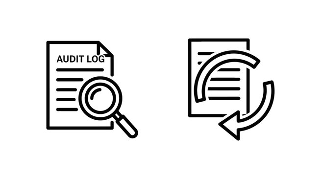 Audit log and document update line icons with magnifying document compliance inspection business analysis monitoring checking verification
