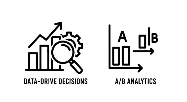 Data driven decisions and a b analytics reporting icons with analytics decision business statistics research analysis performance comparison