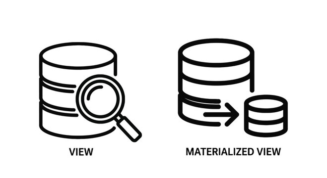 Database view and materialized view concept icons with database materialized management technology information computer indexing software
