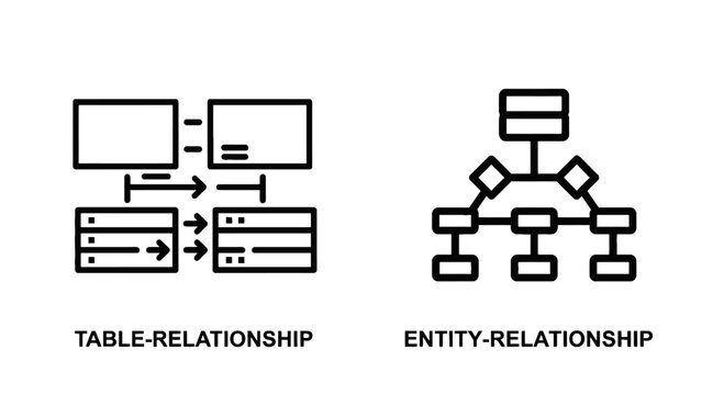 Table relationship and entity relationship database schema icons with database relationship modeling structure development programming software