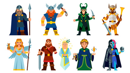 Fototapeta premium Norse mythology game character collection of 9: Odin, Thor, Loki, Freya, Tyr, Heimdall, Baldr, Frigg, Hel