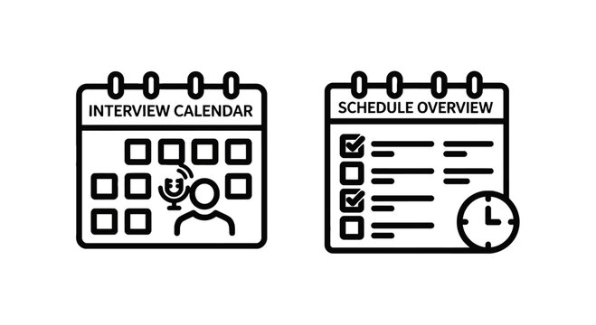Interview calendar and schedule overview icons with calendar interview schedule overview planning appointment management business resources