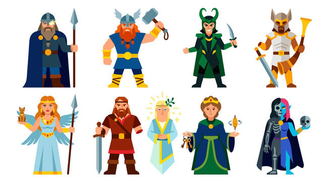 Norse mythology game character collection of 9: Odin, Thor, Loki, Freya, Tyr, Heimdall, Baldr, Frigg, Hel