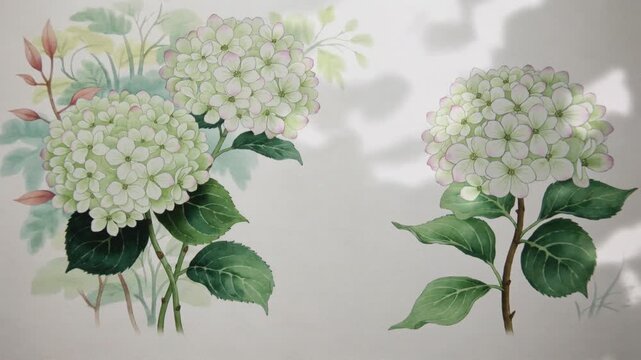 Moving light through leaves casting dappled shadows across two hydrangeas on paper revealing detail