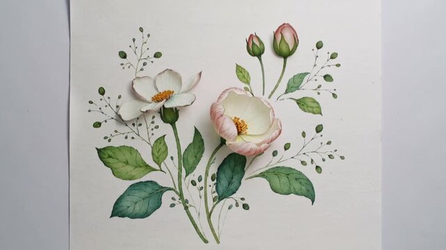 Revealing pink bud opening into two flowers on white paper after frame change, adding buds, stamens