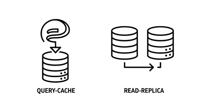 Database query cache and read replica server icons with database technology architecture management infrastructure information computing