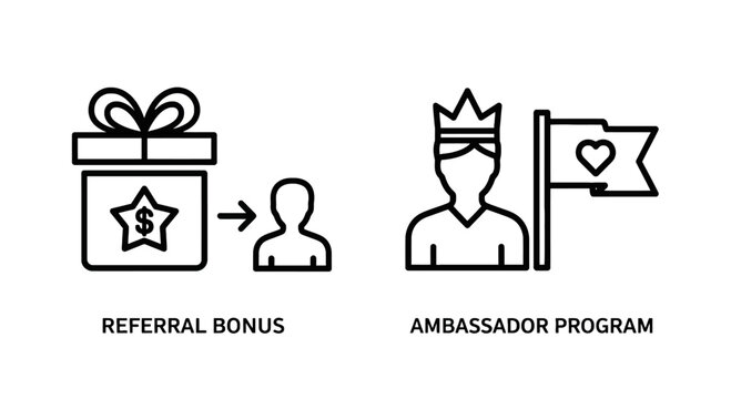 Referral bonus and ambassador program marketing icons with referral ambassador marketing incentive customer advocate promotion influencer