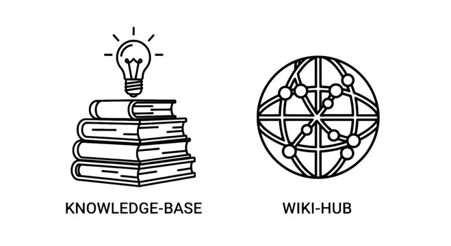 Educational and informational icons featuring a knowledge base and wiki hub symbol knowledge education lightbulb learning information research