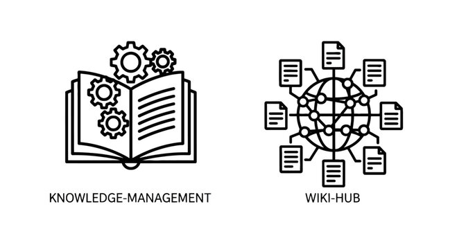 Knowledge management and wiki hub network icons with knowledge management information connection database education business learning research