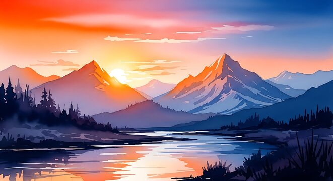 An artistic watercolor of a serene mountain landscape at sunset with a calm river reflecting the orange and purple sky colors