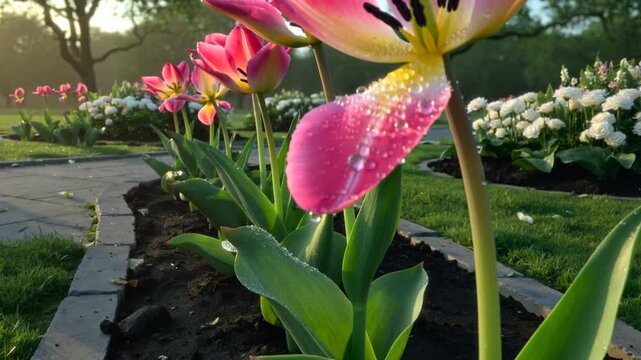 Moving camera revealing row of pink tulips opening at park, highlighting dewdrops on drooping petal