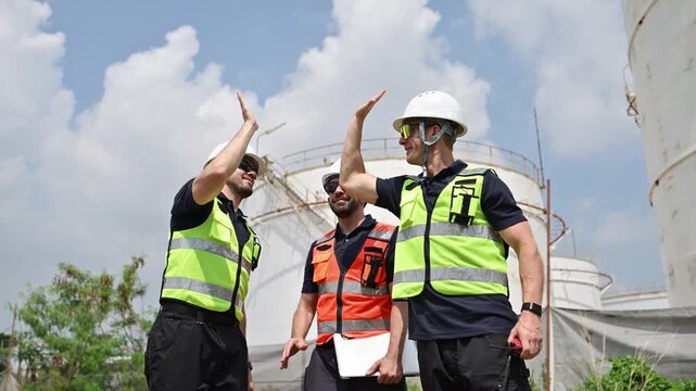Engineering team celebrating success with high fives at industrial plant