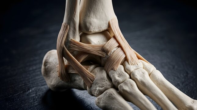Detailed anatomical model of a human shoulder and neck showing muscles and clavicle bone on a stand against a dark background, educational medical illustration