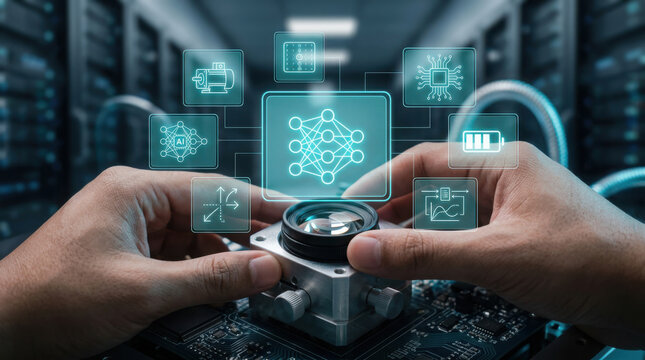 Close-up of hands adjusting a micro lens on a computer vision system with futuristic holographic AI neural network and technical data interfaces in a server room