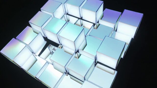 Shifting lit cube array reacting to missing center cube on dark stage, forming sculpted surface